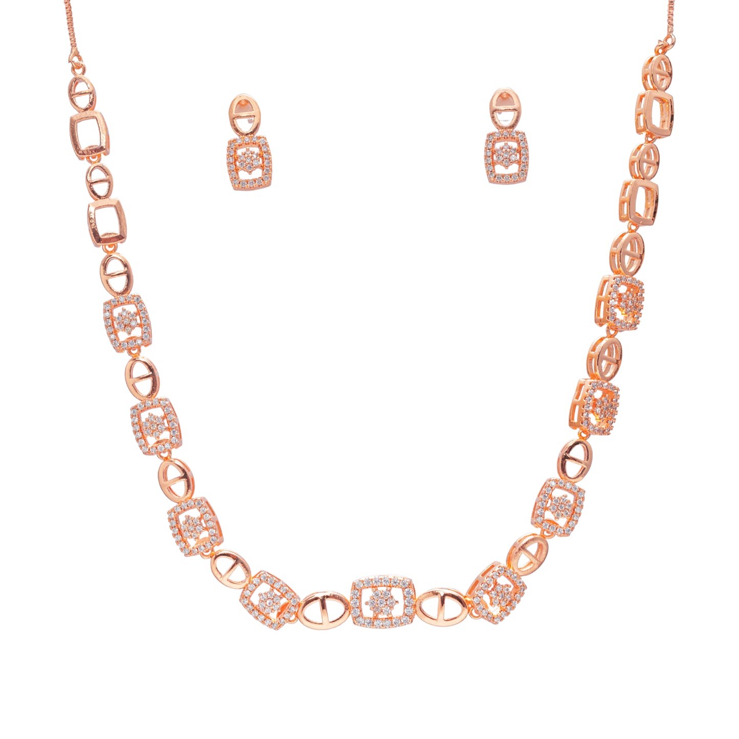Stylonique | Rose Gold CZ Cushion-Link Necklace Set | Statement Party-to-Office Jewellery for Women