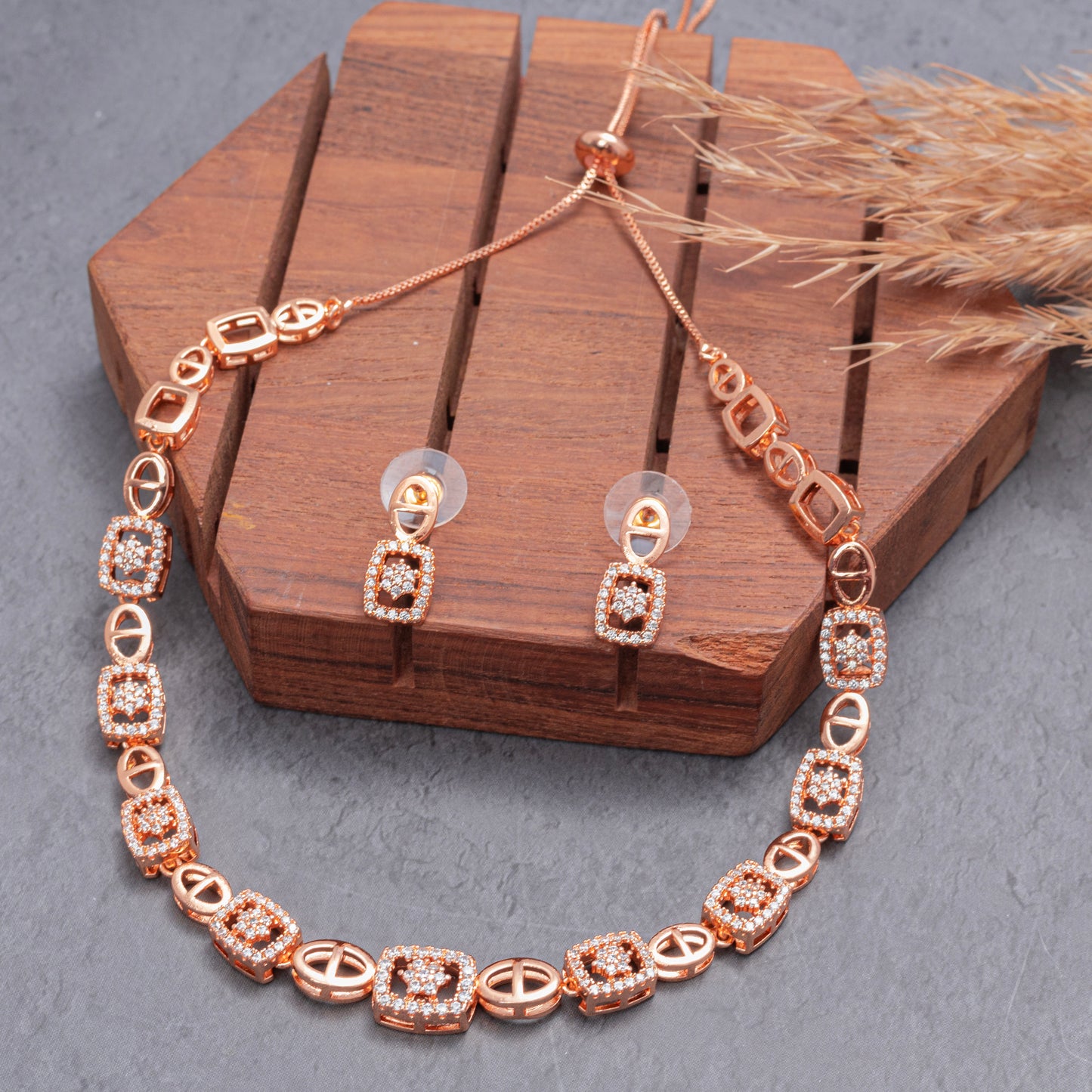Stylonique | Rose Gold CZ Cushion-Link Necklace Set | Statement Party-to-Office Jewellery for Women