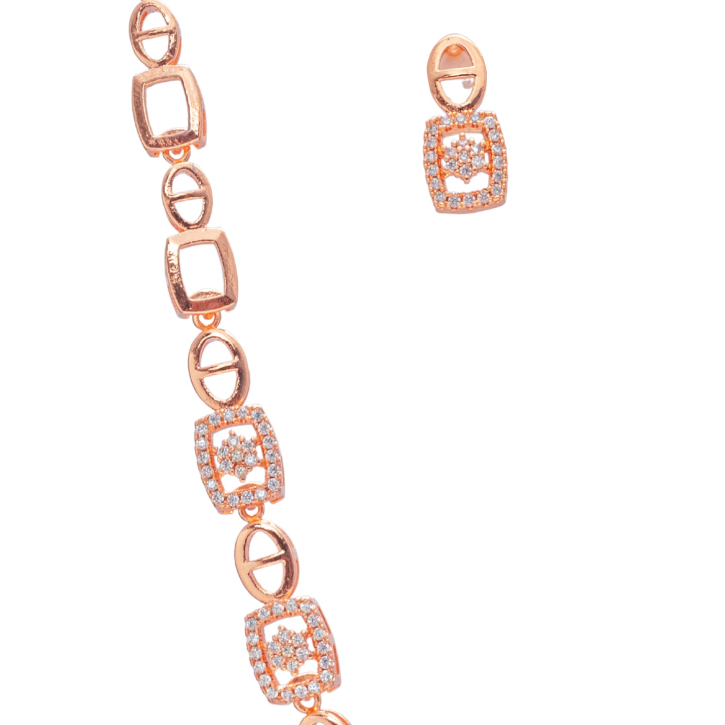 Stylonique | Rose Gold CZ Cushion-Link Necklace Set | Statement Party-to-Office Jewellery for Women