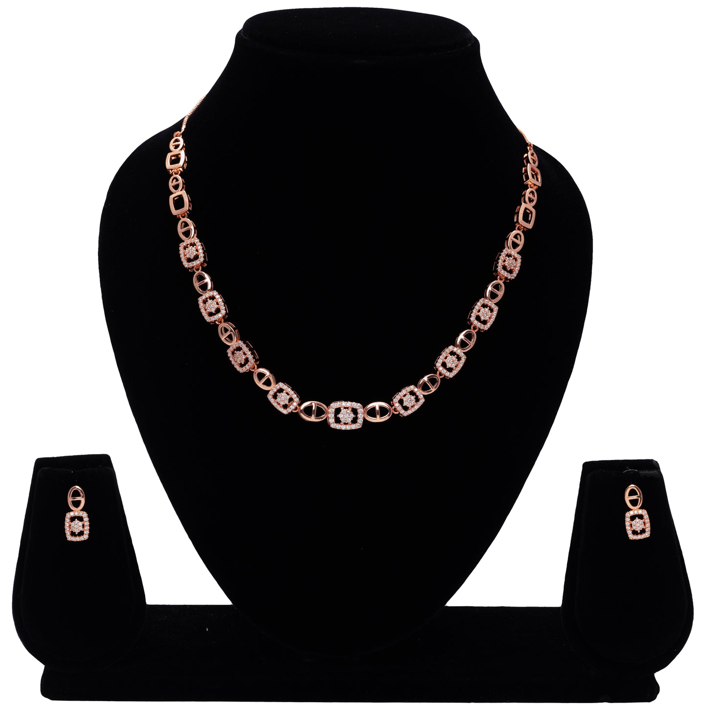 Stylonique | Rose Gold CZ Cushion-Link Necklace Set | Statement Party-to-Office Jewellery for Women
